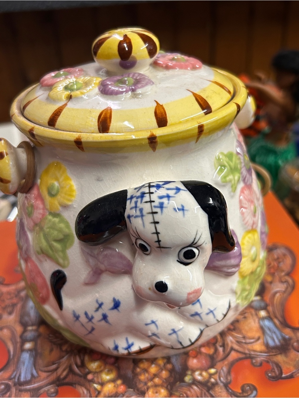 Lefton Puppy Dog & Birdhouse biscuit jar from the 1940s or 1950s.